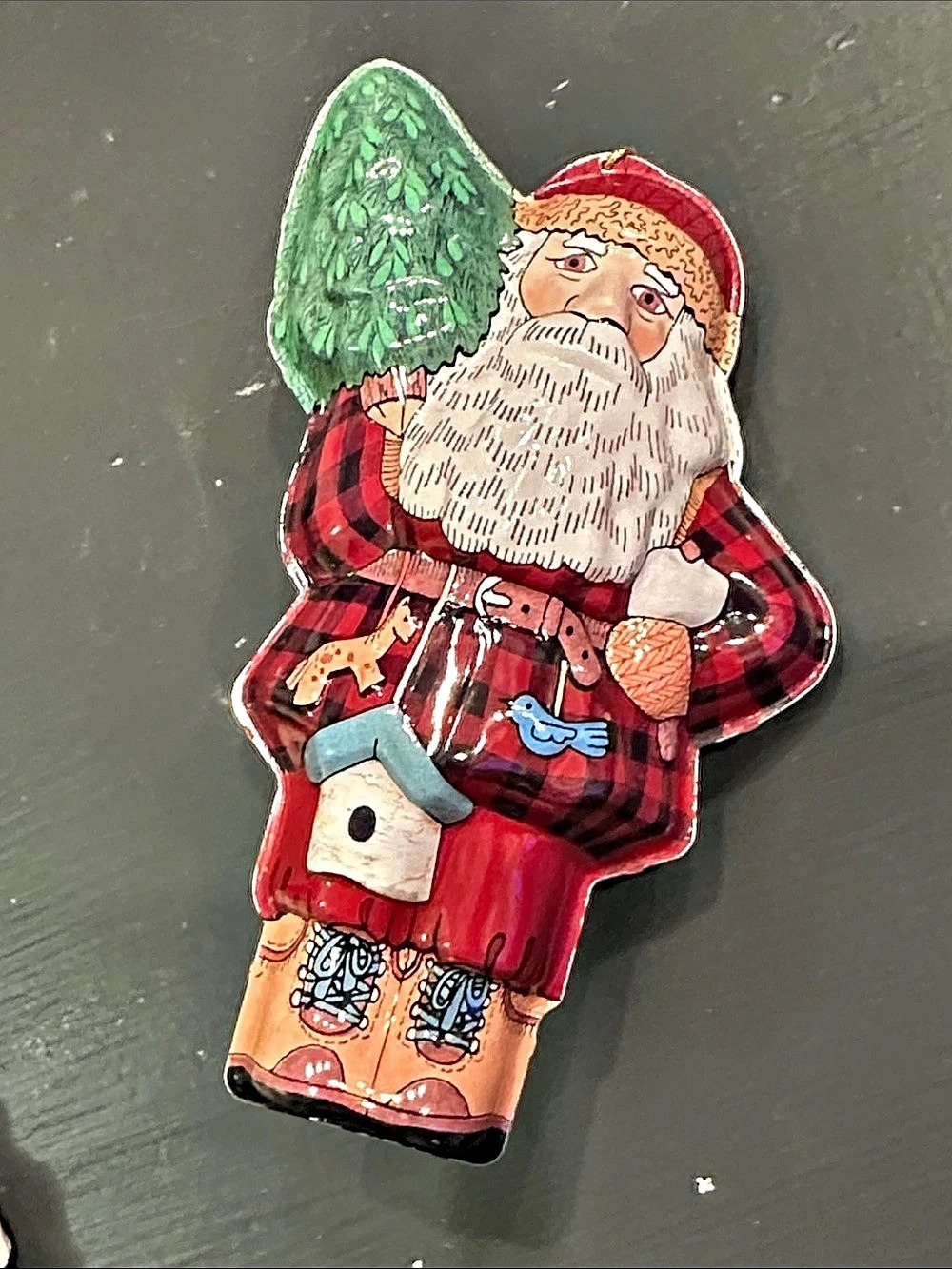 Hallmark woodland Santa Plaid Holiday Ornament metal 1996 3D Christmas fishing h